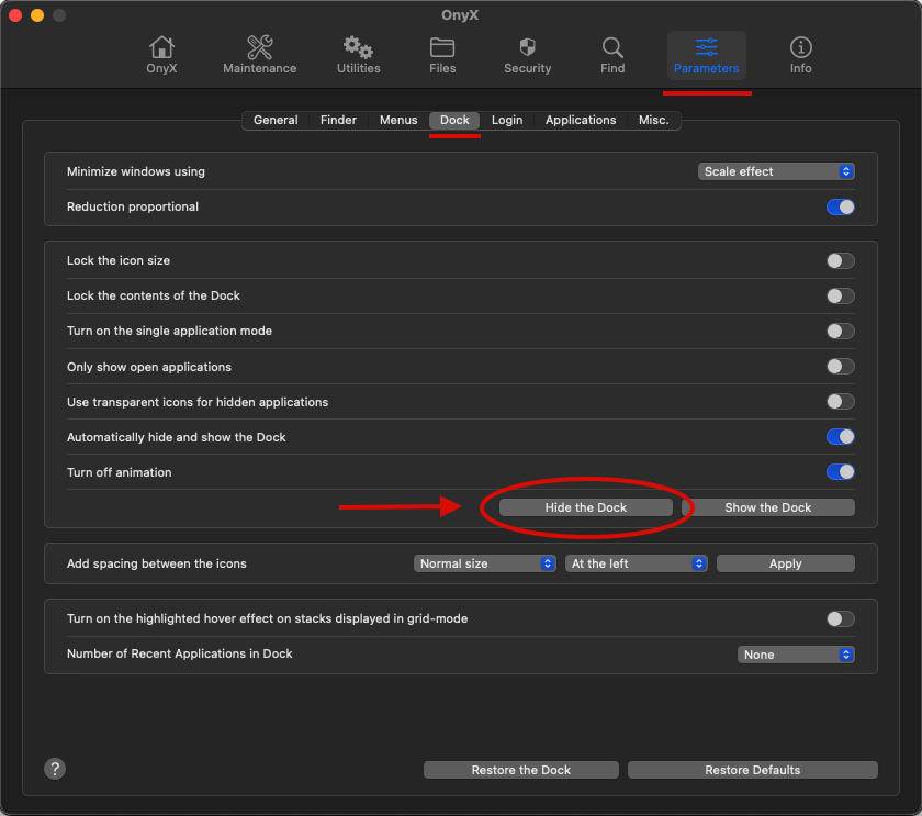 Onyx button location, Parameters > Dock > Hide the Dock